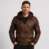 Men's Hooded Faux Leather Zip Jacket