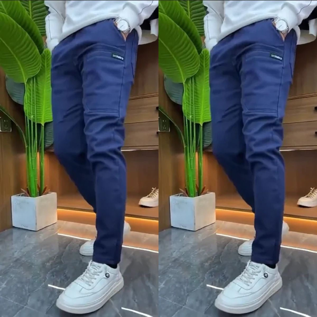 Men's Elastic Waist Poly-Cotton Cargo Trousers