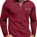 Men's Contrast Plaid Collar Long Sleeve Polo