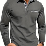 Men's Contrast Plaid Collar Long Sleeve Polo