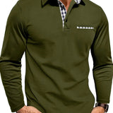 Men's Contrast Plaid Collar Long Sleeve Polo