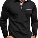 Men's Contrast Plaid Collar Long Sleeve Polo