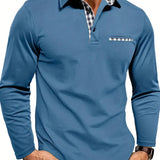 Men's Contrast Plaid Collar Long Sleeve Polo
