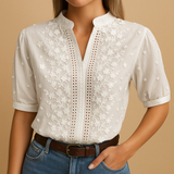 Women's Floral Embroidered Mandarin Collar Puff Sleeve Blouse