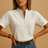 Women's Floral Embroidered Mandarin Collar Puff Sleeve Blouse