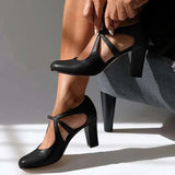 Women's Round Toe Block Heel Ankle Strap Pumps