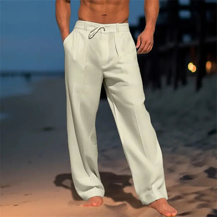 Men's Lightweight White Relaxed Fit Drawstring Trousers
