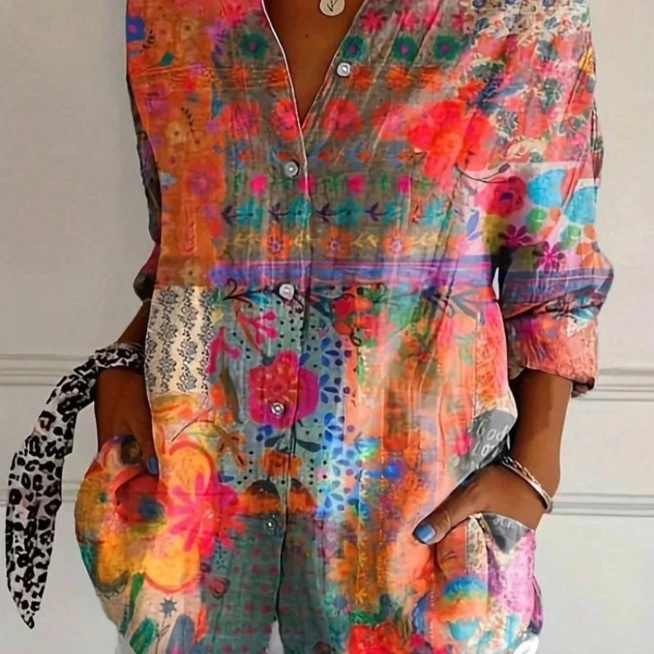Women's Floral Button-Down V-Neck Blouse