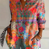 Women's Floral Button-Down V-Neck Blouse