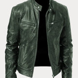 Men's Zip-Up Leather Jacket with Multiple Pockets