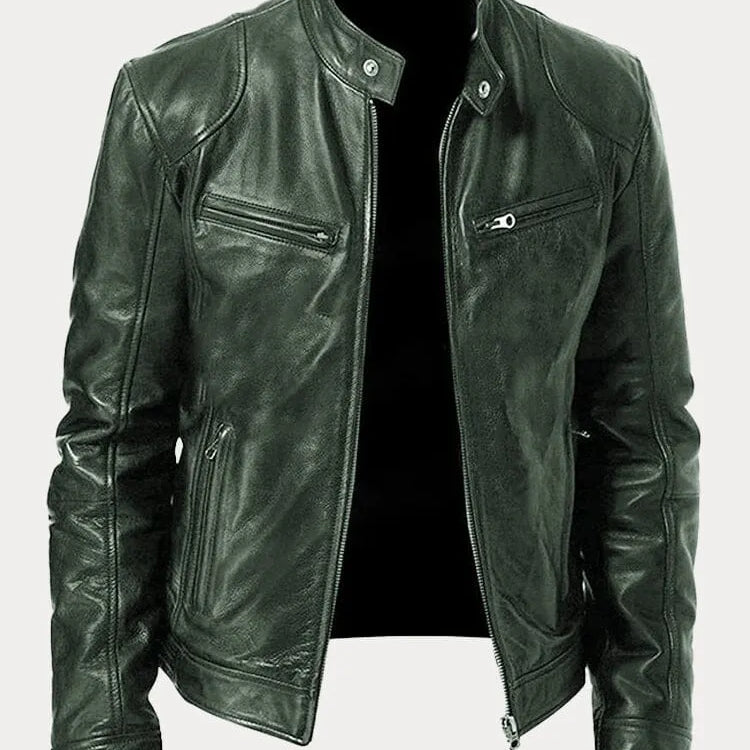 Men's Zip-Up Leather Jacket with Multiple Pockets