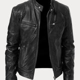 Men's Zip-Up Leather Jacket with Multiple Pockets
