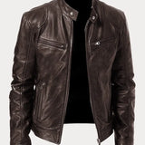Men's Zip-Up Leather Jacket with Multiple Pockets