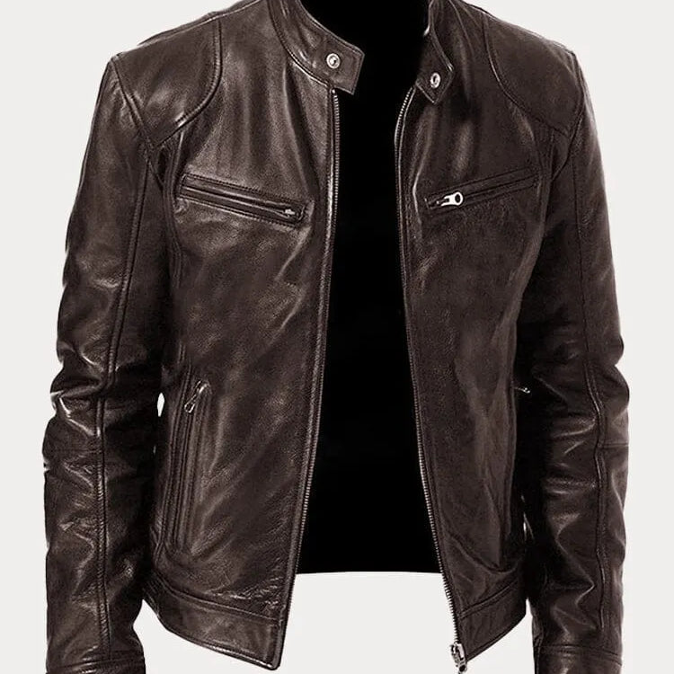 Men's Zip-Up Leather Jacket with Multiple Pockets