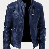 Men's Zip-Up Leather Jacket with Multiple Pockets
