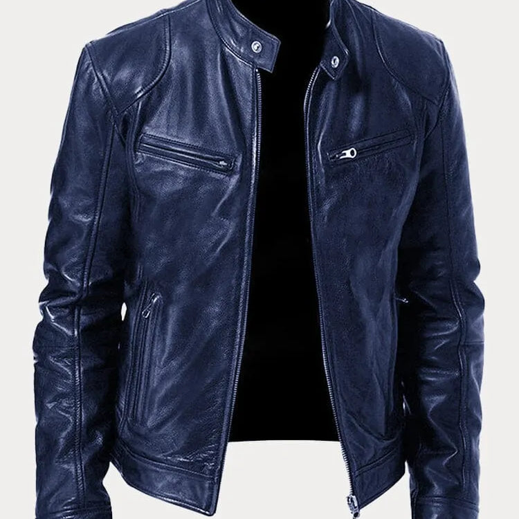 Men's Zip-Up Leather Jacket with Multiple Pockets