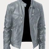 Men's Zip-Up Leather Jacket with Multiple Pockets