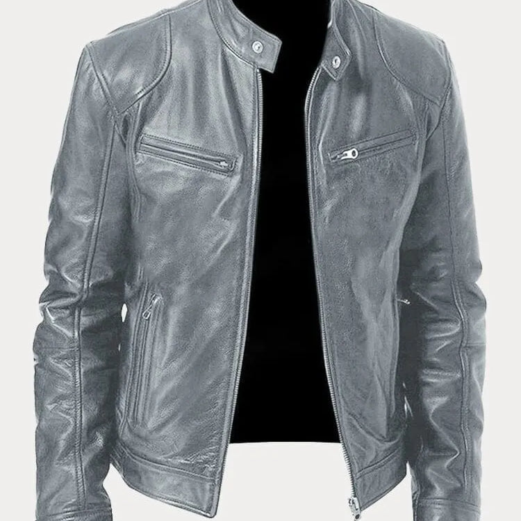Men's Zip-Up Leather Jacket with Multiple Pockets