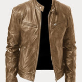 Men's Zip-Up Leather Jacket with Multiple Pockets