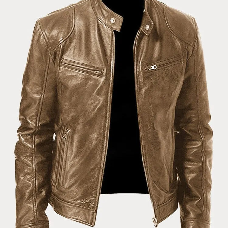 Men's Zip-Up Leather Jacket with Multiple Pockets