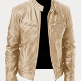 Men's Zip-Up Leather Jacket with Multiple Pockets