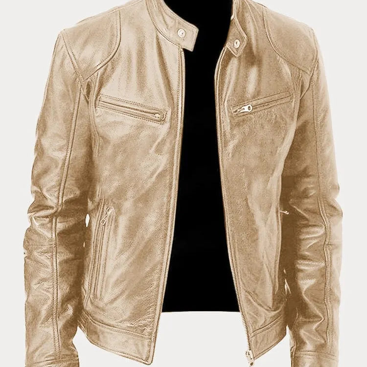 Men's Zip-Up Leather Jacket with Multiple Pockets
