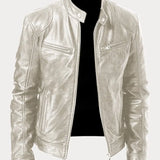 Men's Zip-Up Leather Jacket with Multiple Pockets