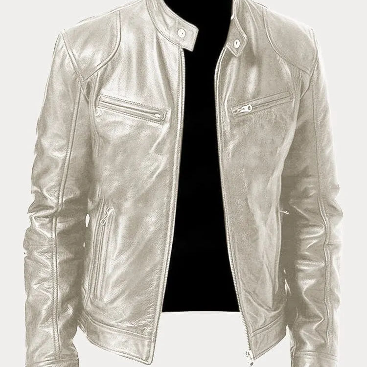 Men's Zip-Up Leather Jacket with Multiple Pockets