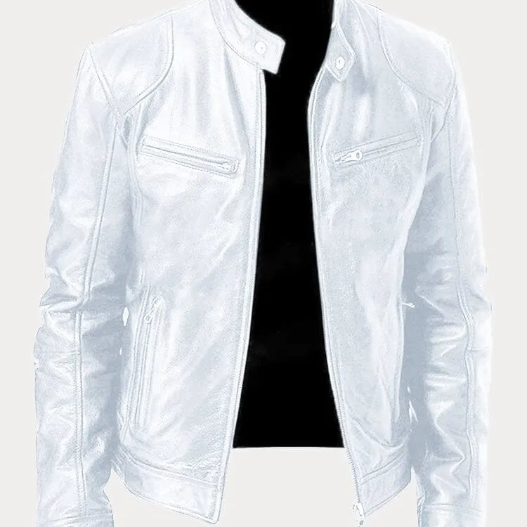 Men's Zip-Up Leather Jacket with Multiple Pockets