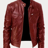 Men's Zip-Up Leather Jacket with Multiple Pockets