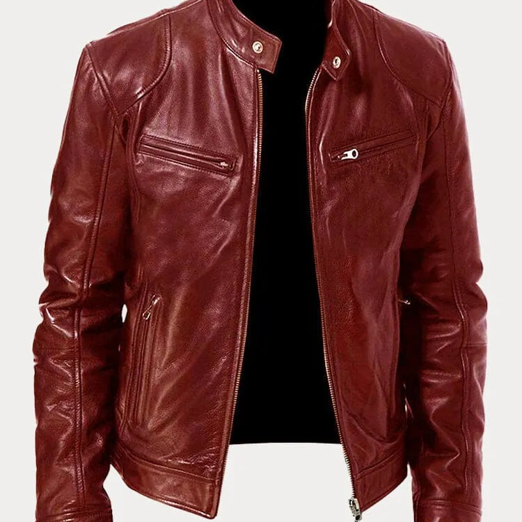 Men's Zip-Up Leather Jacket with Multiple Pockets