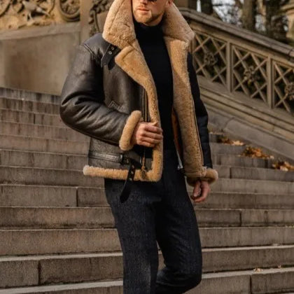 Men's Sherpa-Lined Faux Leather Aviator Jacket