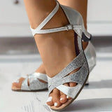 Women's Rhinestone Ankle-Strap Block Heel Sandals