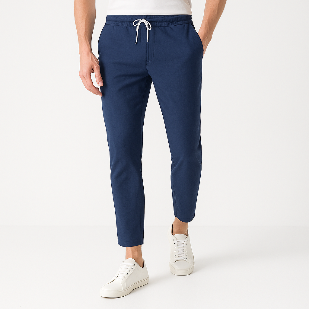 Men's White Travel Drawstring Slim Fit Trousers