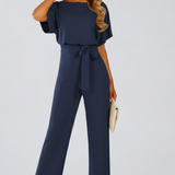 Women's Wide-Leg Belted Jumpsuit with V-Neck