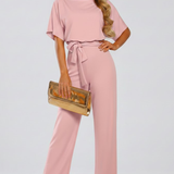 Women's Wide-Leg Belted Jumpsuit with V-Neck