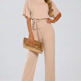 Women's Wide-Leg Belted Jumpsuit with V-Neck