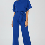 Women's Wide-Leg Belted Jumpsuit with V-Neck