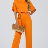 Women's Wide-Leg Belted Jumpsuit with V-Neck