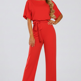 Women's Wide-Leg Belted Jumpsuit with V-Neck