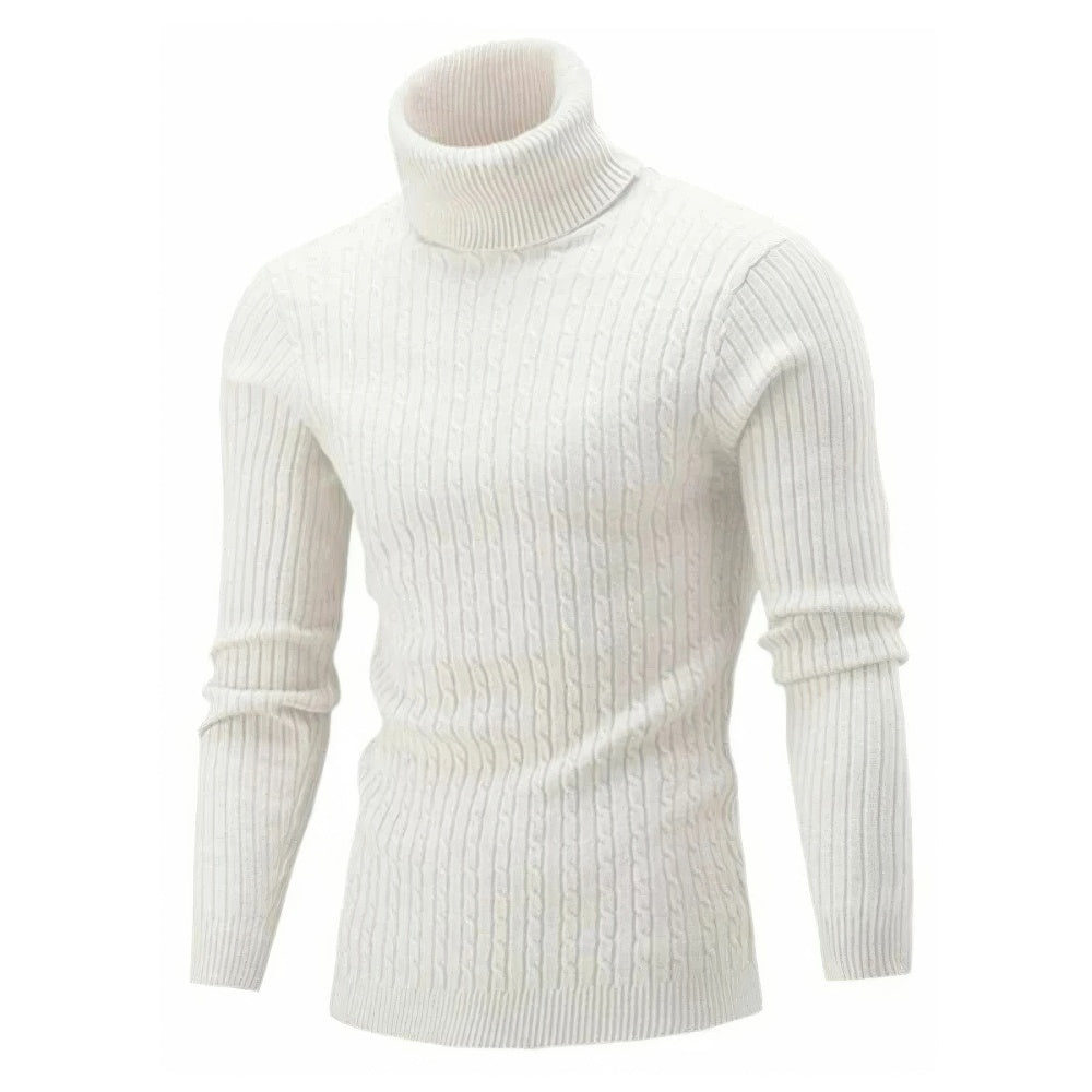 Men's Ribbed Knit Roll-Neck Stretch Sweater