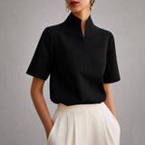 Women's Notched Mock Neck Short Sleeve Blouse