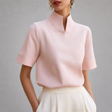 Women's Notched Mock Neck Short Sleeve Blouse