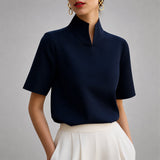 Women's Notched Mock Neck Short Sleeve Blouse