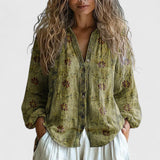 Women's Floral Cotton Blend V-Neck Button Blouse