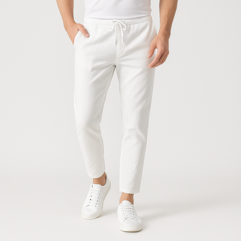 Men's White Travel Drawstring Slim Fit Trousers