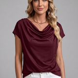 Women's Satin Cowl Neck Cap Sleeve Top