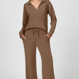 Women's Collared Top and Wide-Leg Drawstring Set