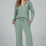 Women's Collared Top and Wide-Leg Drawstring Set