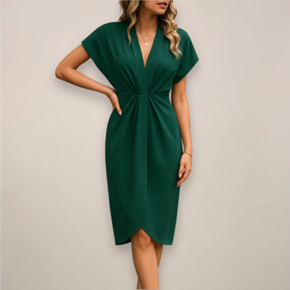 Women's Wrap-Front Pleated Short-Sleeve Midi Dress